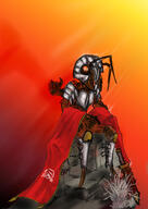 antinium armor artist:lanrae banner barefoot character:artur chestplate flag free_antinium front_view grass helmet heraldry looking_down orange_background plant red_flag rock_crab sexless simple_background sitting soldier solo spoiler:volume8 stitching stone sword thread // 3508x4961 // 5.6MB // rating:Safe