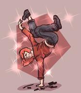 artist:brack belt black_footwear black_legwear bright_skin character:pirate character:pirateaba closed_eyes dancing jeans red_background red_chestwear shoes simple_background smile sparkle standing_on_one_hand sweatshirt // 915x1053 // 300.3KB // rating:Safe