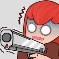 apple artist:qthebird blue_skin bright_skin brown_chestwear character:pirate emote female front_view gun holding_gun long_hair modern no_pupils open_mouth red_hair simple_background solo transparent_background upper_body // 500x499 // 163.5KB // rating:Safe