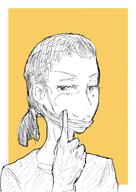 artist:johndoe character:geneva_scala earther female front_view human looking_at_viewer mask medium_hair monochrome pointing ponytail shirt simple_background smile solo spoiler:book3 spoiler:volume3 upper_body yellow_background // 1364x1929 // 531.8KB // rating:Safe