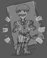 actor artist:brack belt boots bowl_cut bowtie character:wesle_salkis front_view grey_background human jazz_hands looking_at_viewer male meta:inntober meta:inntober_2023 monochrome mustache prompt24 prompt_guard puff_sleeves short_hair shorts smile solo spoiler:book3 spoiler:volume3 sword uniform vest watch // 2406x2916 // 1.3MB // rating:Safe