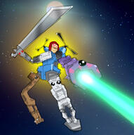 artist:mg attack bright_skin character:bobo_plushie character:brack character:dm_craft character:pirateaba character:reverend_carl flying glowing_eyes holding_sword keyboard medium_hair propeller red_eyes red_hair robot sharp_teeth space star sun sword twi_community // 471x474 // 169.9KB // rating:Safe
