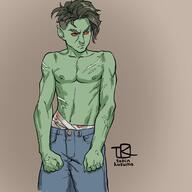artist:tobinkusuma bandages blood blue_legwear brown_background character:oc front_view frown goblin green_hair green_skin jeans male medium_hair muscle navel nipple nipple_(male) pants red_eyes scar sharp_nails simple_background solo standing topless upper_body // 2048x2048 // 271.4KB // rating:Safe