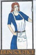 apron arm_raised artist:detton blue_dress blue_eyes bright_skin brown_hair caption character:erin_solstice dress egg female front_view human medium_hair simple_background solo spatula spoiler:book1 standing text white_background // 4614x7014 // 6.0MB // rating:Safe
