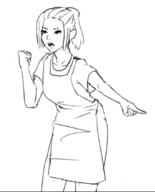 apron arm_raised artist:yootie character:erin_solstice earther female fist front_view human innkeeper medium_hair monochrome open_mouth pants pointing ponytail shirt simple_background solo spoiler:book1 standing white_background // 682x847 // 111.9KB // rating:Safe