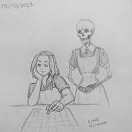 apron artist:recaptured_lime bone character:erin_solstice character:toren chessboard dress front_view glowing_eyes holding_hands human looking_at_viewer looking_down maid maid_dress medium_hair meta:inntober meta:inntober_2023 monochrome no_pupils pawn_(figure) pencil_art prompt1 prompt_innkeeper shirt simple_background sitting skeletal_hand skeleton skull smile spoiler:book1 standing white_background // 2992x2992 // 557.5KB // rating:Safe