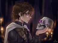 artist:meglymelon brown_hair candle cape cave character:pisces_jealnet character:toren fire glowing_eyes human looking_at_viewer mage necromancer potion purple_eyes short_hair skull spoiler:book1 sweatshirt undead upper_body // 1080x810 // 83.6KB // rating:Safe
