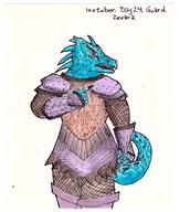 arm_raised armor artist:gridcube blue_scales character:zevara_sunderscale female meta:inntober meta:inntober_2023 meta:tagme open_mouth prompt24 prompt_guard solo spoiler:book1 tail text upper_body watch white_background // 1569x1860 // 326.5KB // rating:Safe