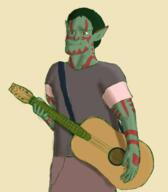 artist:gridcube brown_legwear character:numbtongue front_view goblin green_hair green_skin grey_chestwear guitar holding_instrument instrument long_ears male musician playing_instrument red_eyes red_paint redfang_five redfang_tribe shirt short_hair simple_background solo spoiler:volume5 yellow_background // 2115x2417 // 1.7MB // rating:Safe