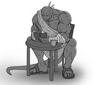 artist:lechatdemon bandages book character:grimalkin_duveig cup drake feather male monochrome muscle quill sandales sharp_nails simple_background sitting solo table tail toga vein white_background // 931x858 // 55.8KB // rating:Safe
