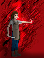 apron arm_raised artist:mg black_flames blue_legwear boots brown_footwear brown_hair character:erin_solstice earther female fire holding_knife human innkeeper jeans knife medium_hair pants solo standing // 2550x3300 // 2.3MB // rating:Safe