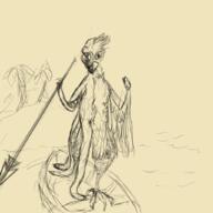 artist:gridcube boat character:oc drowned_folk feather front_view garuda holding_spear isle looking_at_viewer monochrome ocean plant solo spear standing tree water yellow_background // 1024x1024 // 451.8KB // rating:Safe
