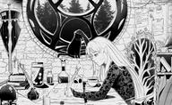 archmage artist:maxswell book branch brick candle cat chair character:linu character:rinu character:silvenia commissioner:linu cup earther feather forest half-elf inkpot jar leaves lofi long_hair meta:meme meta:tagme monochrome potion skull spoiler:volume9 sword twi_community window writing // 5548x3408 // 20.2MB // rating:Safe